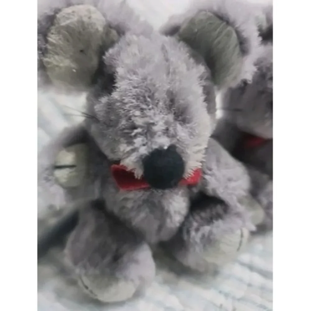 Wangs Articulated  Pair Of Cute Mice With Red Bowties, Gray Fuzzy With Long Tail